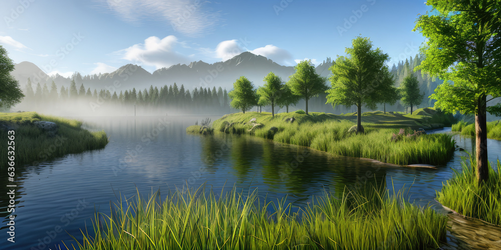 Photorealistic natural garden park reflection on water for background with beautiful scenery