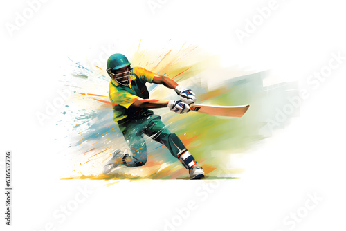 In the design, a player is shown using a bat to play the sport of cricket.