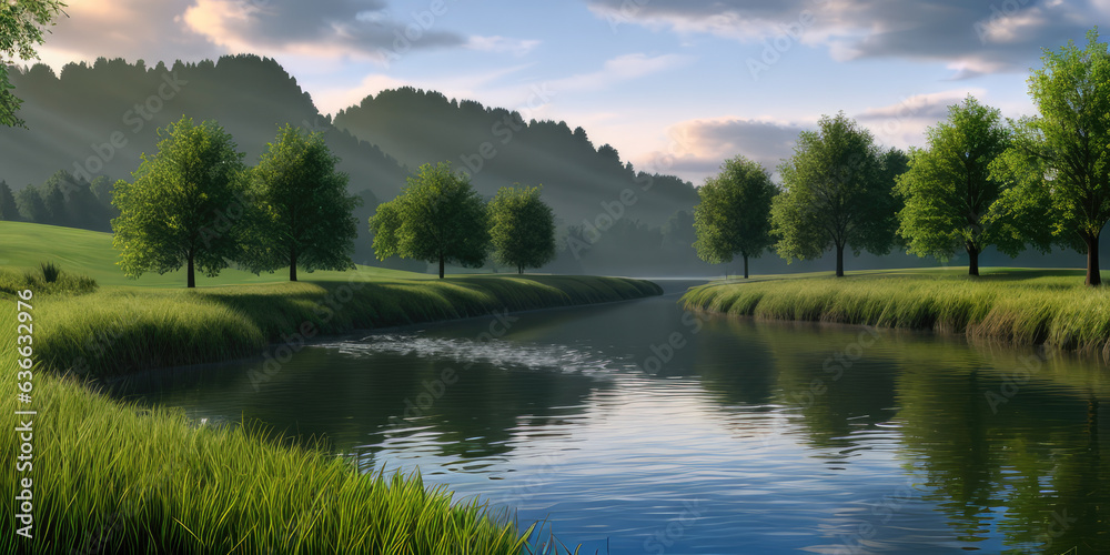 Photorealistic natural garden park reflection on water for background Photorealistic natural garden park reflection on water for background
