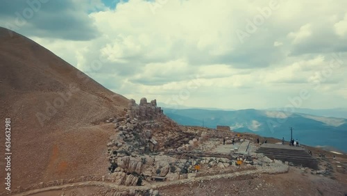 Aerial view of the 2150 meter high Mount Nemrut in the Southeastern Anatolia region of Turkey. A drone shot from the East Terrace.