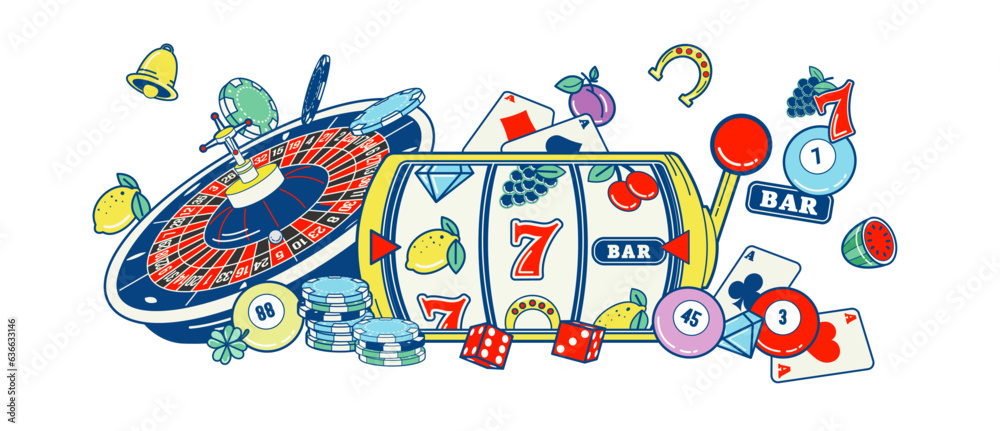 Fototapeta premium Vintage casino mockup vector based with a slot machine reel, a roulette wheel, poker chips, casino chips, poker cards, play cards, bingo balls, dices, and slot fruit machine symbols.