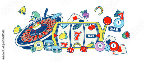 Vintage casino mockup vector based with a slot machine reel, a roulette wheel, poker chips, casino chips, poker cards, play cards, bingo balls, dices, and slot fruit machine symbols.