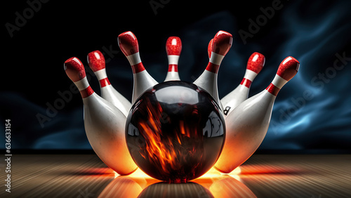 Bowling game and ball with pins on bowling club background in neon blue and red colors.  photo