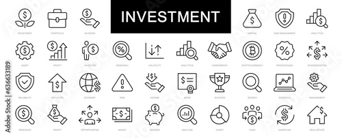 Investment thin line icons set. Investment, Investor, Asset, Profit, Portfolio, Fund, Dividend icon. Investment editable stroke icons. Vector