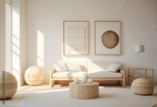 Bright living room with minimalistic white deco. Interior design concept image. Generative AI.