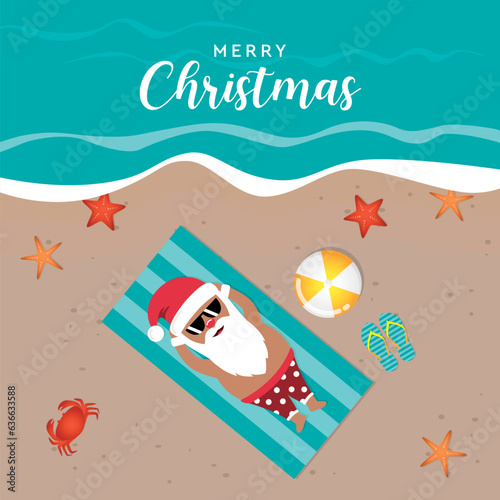 cute santa claus lying on the beach under a palm tree vector illustration EPS10