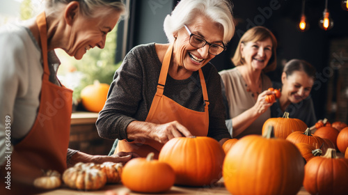 Senior Woman Carving Pumpkins with Laughter, happy seniors celebrating Halloween, wide banner with copy space area Generative AI