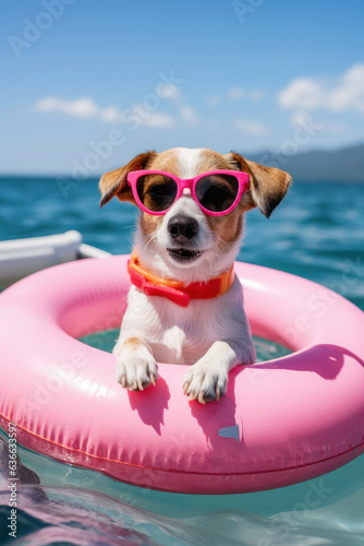 Happy dog enjoying his vacation on a beach. Lifeguard dog with glasses and happy in the sea. © Svetlana