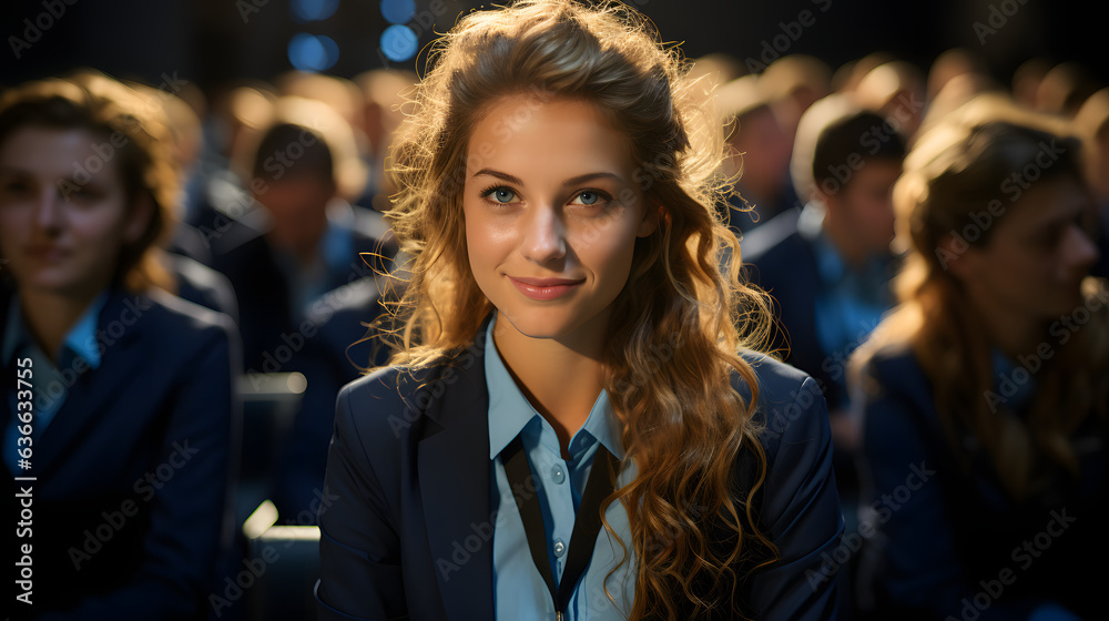 Woman in office dress in a meeting seminar conference Woman in office dress in a meeting seminar conference