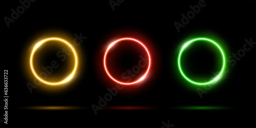 Neon circles set, LED yellow, red and green rings with gradient light effect and glowing