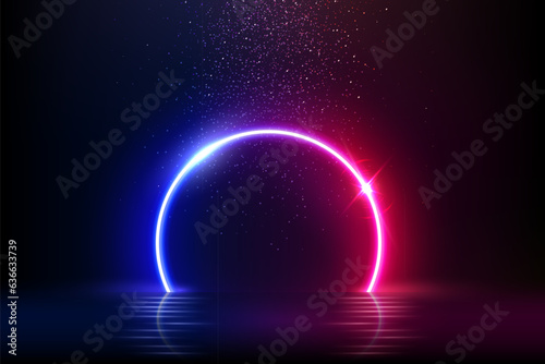 Neon arch with flash light effect and reflection in water, door arc or portal with flare
