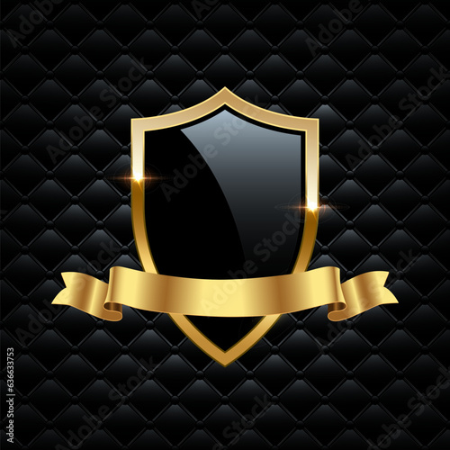 Glass shield with gold frame and ribbon. Metal heraldic emblems vector illustration. Retro luxury elements with shining sparkles. Heraldry insignia, antique golden decor on black VIP background