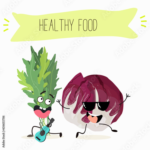 Vector illustration with funny cartoon characters eruca, rucola, radichio, radicchio,cabbage,  ruchetta,
arugula,  eruca, rucola, colewort, rucoli, roquette, vegetable. 