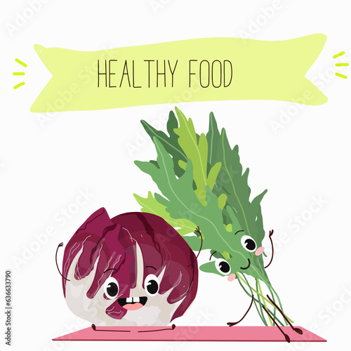 Vector illustration with funny cartoon characters eruca, rucola, radichio, radicchio,cabbage,  ruchetta,
arugula,  eruca, rucola, colewort, rucoli, roquette, vegetable. 