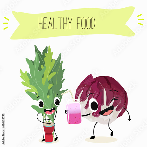 Vector illustration with funny cartoon characters eruca, rucola, radichio, radicchio,cabbage,  ruchetta,
arugula,  eruca, rucola, colewort, rucoli, roquette, vegetable. 