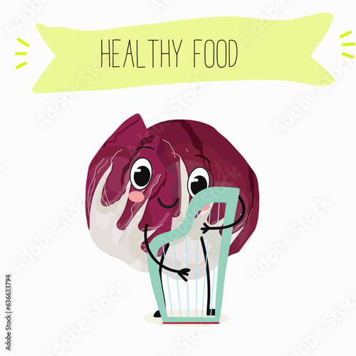 Vector illustration with funny cartoon characters radichio, radicchio,cabbage, funny salad, vegetable. 