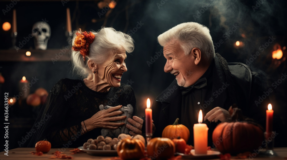 Senior Couple Sharing a Spooky-Themed Dinner Date, happy seniors celebrating Halloween, wide banner with copy space area Generative AI