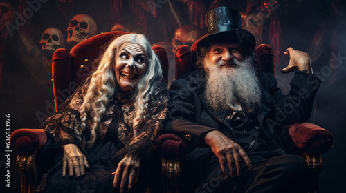 Senior Couple Attending a Spooky Concert in Costume  happy seniors celebrating Halloween  wide banner with copy space area Generative AI
