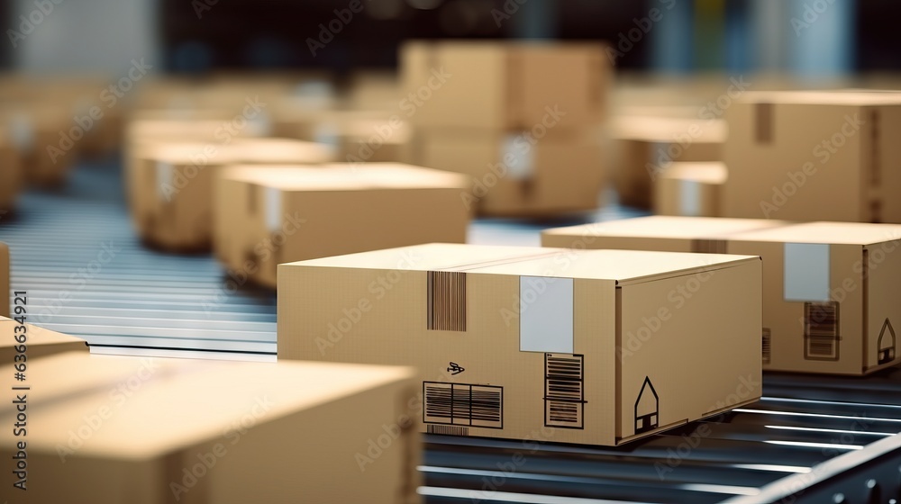 Cardboard boxes on conveyor belt line Cardboard boxes on conveyor belt line