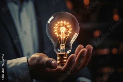 Businessmans palm clasps lightbulb and gear, epitomizing creativity and engineering Generative AI