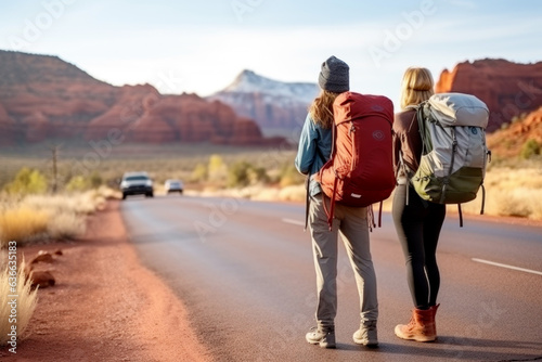 Two young backpackers hitchhiking road in Sedona canyon on a sunny day. Auto stop adventure, backpack concept. 