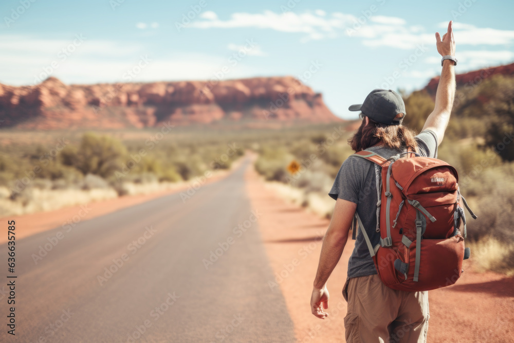 Fototapeta premium Young backpacker hitchhiking road in Sedona canyon on a sunny day. Auto stop adventure, backpack concept.