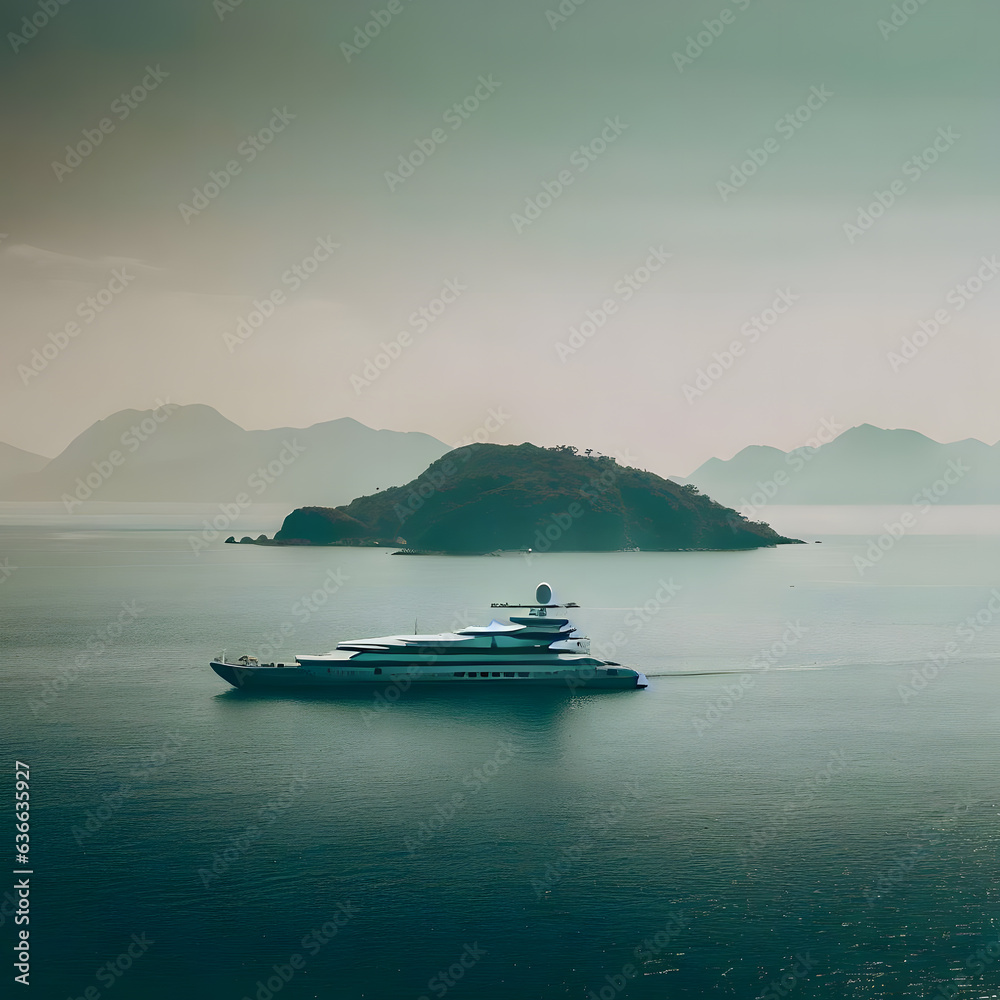 Luxury yacht sailing in the middle of the sea beside an island and mountains Luxury yacht sailing in the middle of the sea beside an island and mountains
