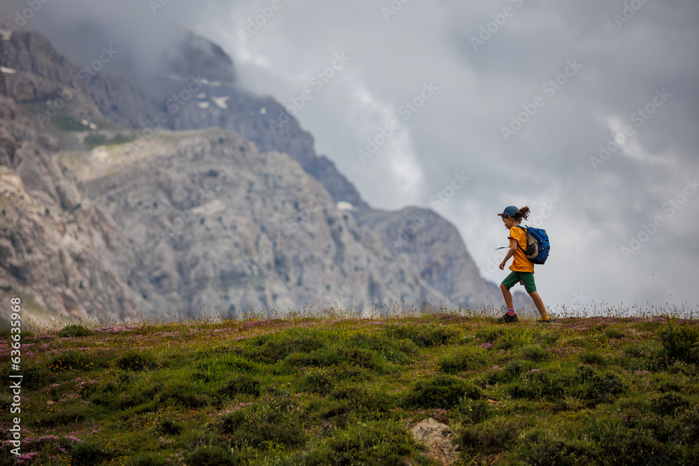 Obraz premium boy with a backpack on a hike against the backdrop of the mountains. child traveler with backpack, hiking, travel, mountains in the background, kids summer vacation.