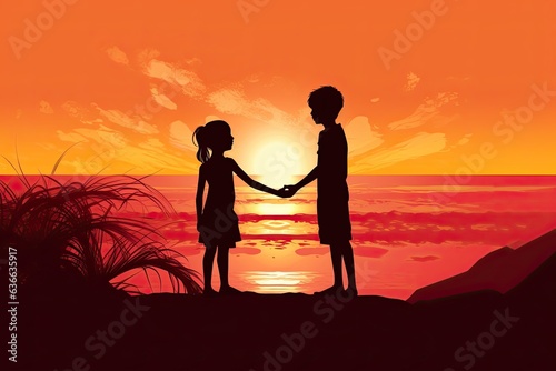 two children silhouette on tropical beach at sunset illustration