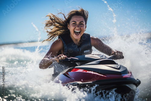 Happy young woman on skijet photo