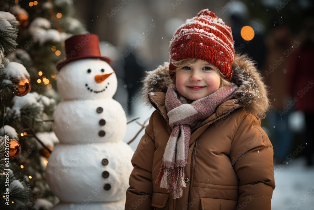 Happy cute child in a warm hat, scarf, jacket and snowman on the background of Christmas decorations, fun outdoors on New Year's Eve