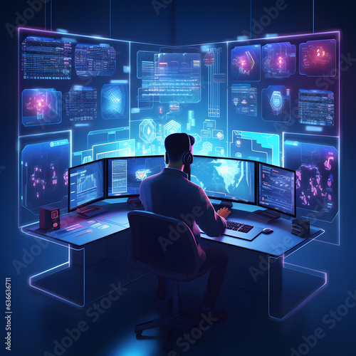 IT professional, person working on multiple screens, coding and troubleshooting in a high-tech environment. AI Generated