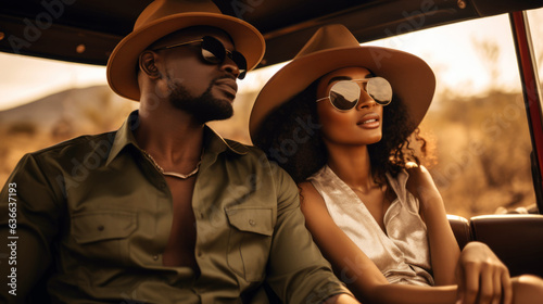 black couple in a safari vehicle dressed with elegant clothes and sunglasses. Enjoy wildlife adventure