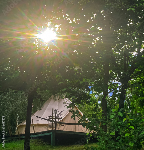 View from a campsite where you can see a glamping
