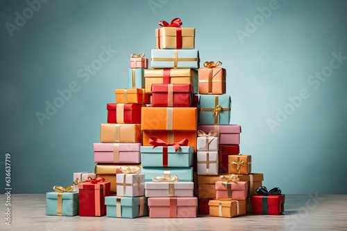 Big stack of colorful Christmas presents