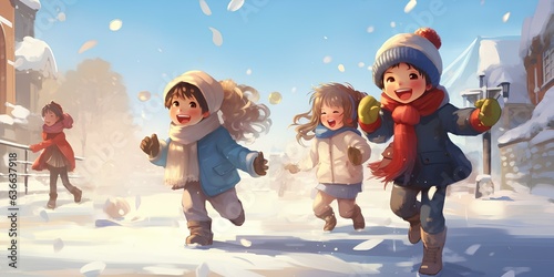 Children play snowballs in the snow in winter and have fun.