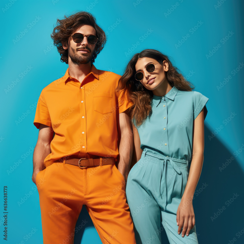 diverse couple at photo studio. happy, Bold Modern, vibrant  color clothing