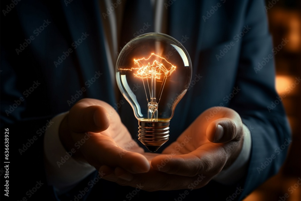 Glowing bulb in CEOs hand signifies business acumen and ingenuity Generative AI Glowing bulb in CEOs hand signifies business acumen and ingenuity Generative AI