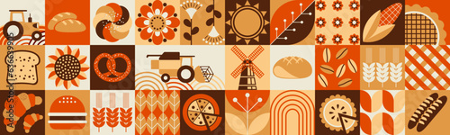 Autumn pattern. Agriculture, farming. Bakery. Bauhaus mosaic style. Simple geometric shapes. Textile background of fresh pastries, grains, bread, cakes, pies, fruits, flowers.