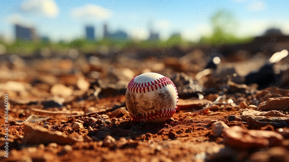 a baseball in the dirt with the base in focus.