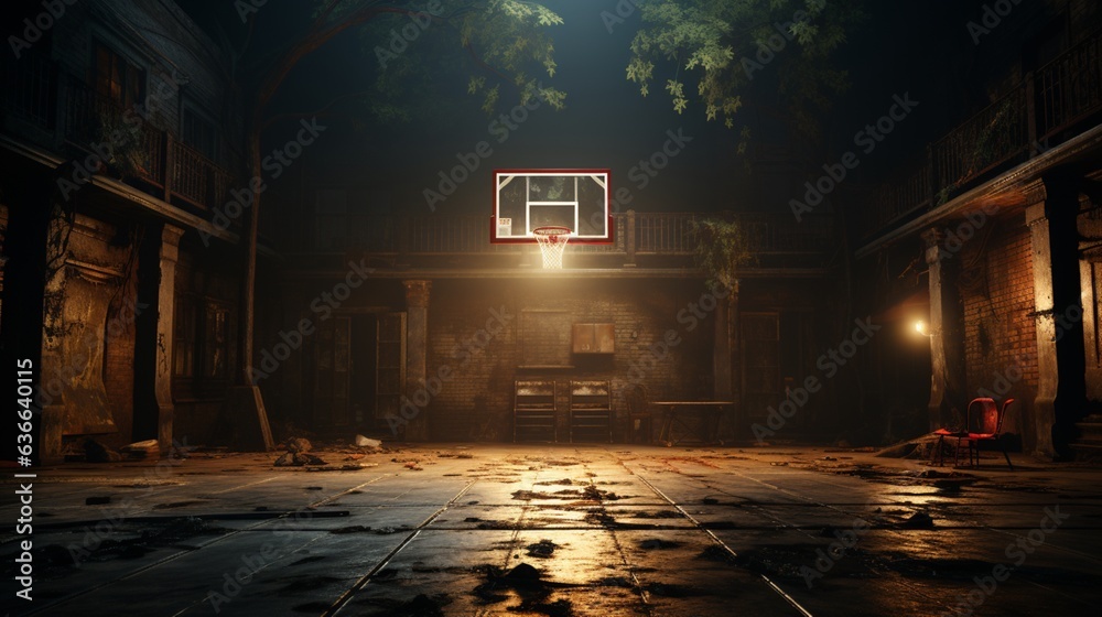 a basketball court with a basketball hoop. - obrazy, fototapety, plakaty 