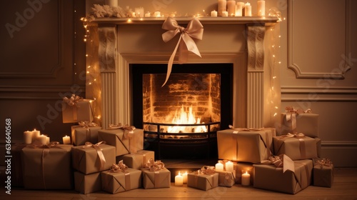 Christmas night background gift boxes by the fireplace. generative ai © megavectors