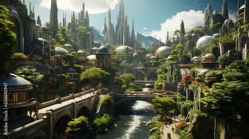 a futuristic city is shown with a waterfall running.