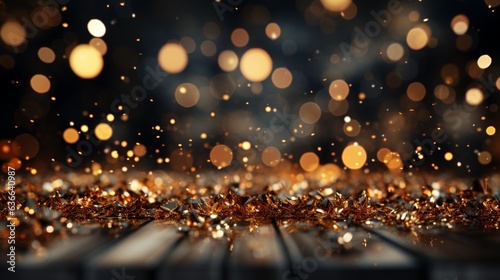 A glamorous black and gold background illuminated by sparkling lights.