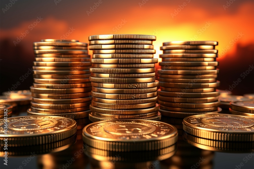 Sunrise unveils coin towers, symbolizing towering financial success and strategy Generative AI