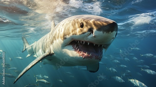 a great white shark swimming in the blue water. © 121icons