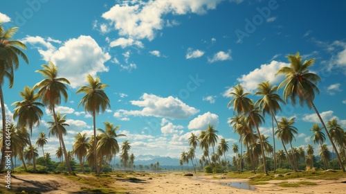 a group of palm trees against a cloudy sky.