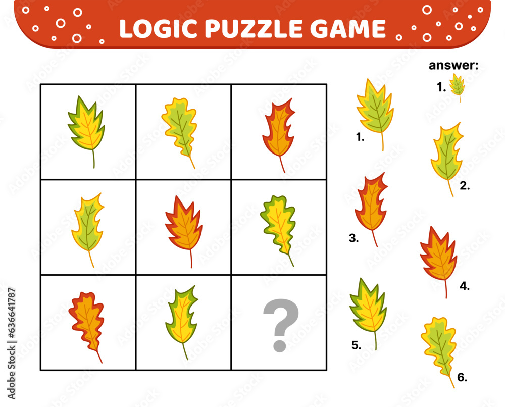 Obraz premium Motley oak leaves. Logic puzzle game. For kids Cartoon vector