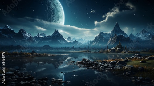 a landscape with mountains and a few stars at night. © 121icons