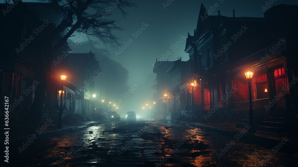 A mysterious and eerie city street enveloped in dense fog at night.